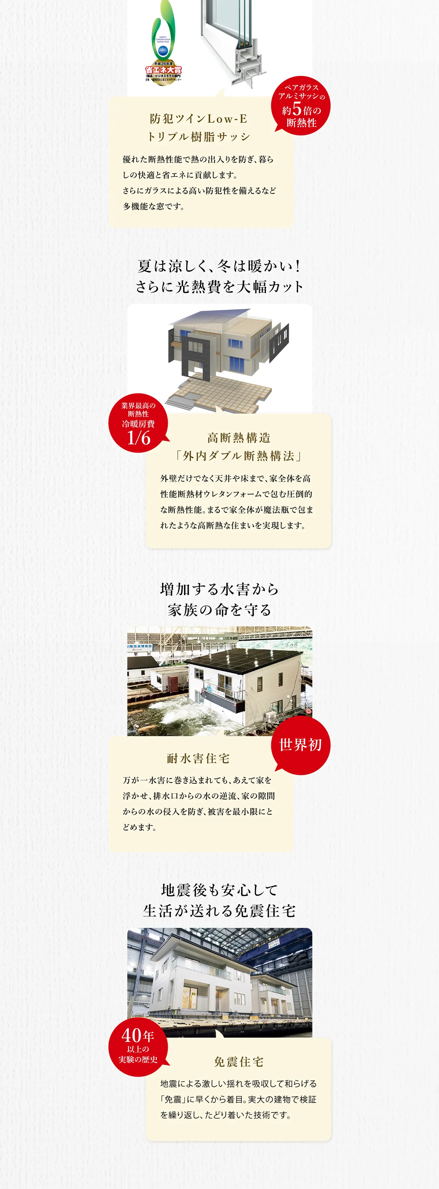 防犯ツインLow-Eトリプル樹脂サッシ/高断熱構造「外内ダブル断熱構法」/耐水害住宅/免震住宅